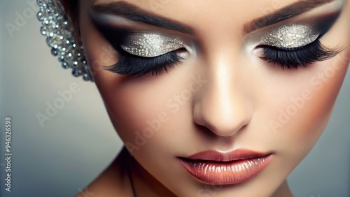 Glamorous close-up of bold, voluminous eyelashes adorned with a sleek, silver logo, projecting luxury and sophistication against a soft, pastel background. photo