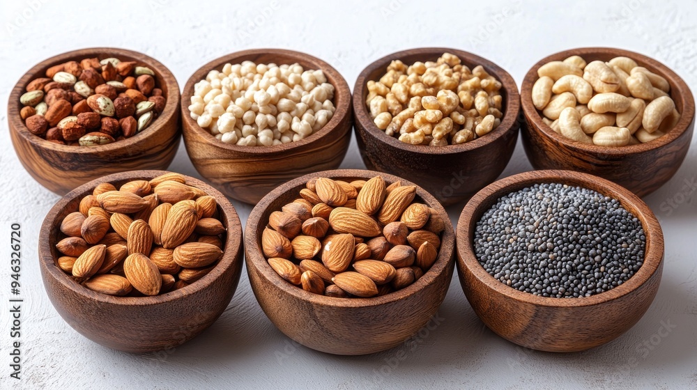Assortment of Nuts and Seeds in Wooden Bowls Assortment of Nuts and Seeds in Wooden Bowls