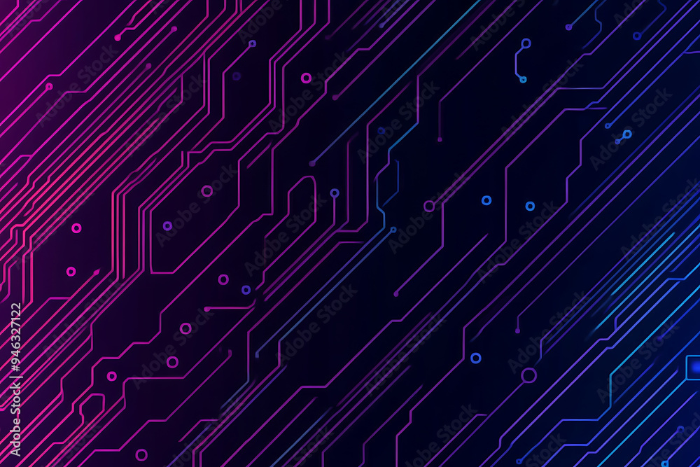 Abstract representation of a circuit board with glowing neon lines and geometric patterns against a dark background. The image evokes a high-tech, futuristic feel with ample copy space Abstract representation of a circuit board with glowing neon lines and geometric patterns against a dark background. The image evokes a high-tech, futuristic feel with ample copy space
