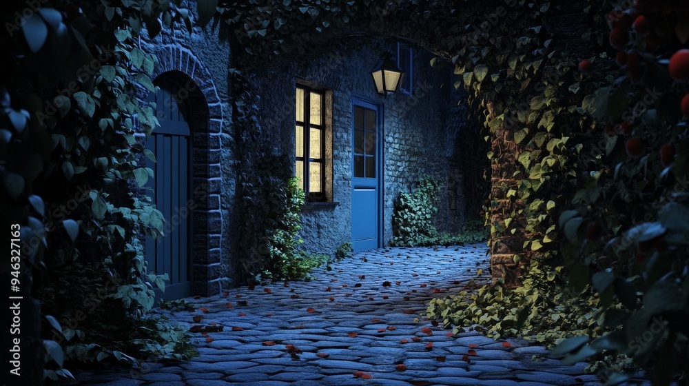 Obraz premium A cobblestone path leads to a quaint house with a lit window, shrouded in the darkness of night.