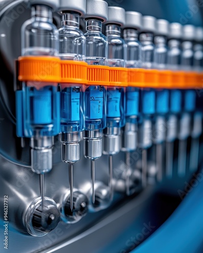 Close-up of a modern syringe filling machine, showcasing precise technology for medical use and vaccine production.