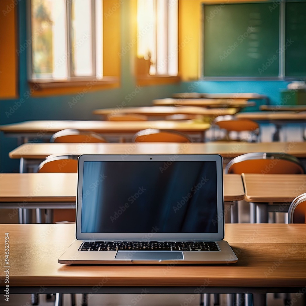 Laptop on top of table in classroom, Laptop on school desk, Generative AI Laptop on top of table in classroom, Laptop on school desk, Generative AI