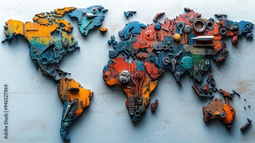 World Map Made of Metal Parts