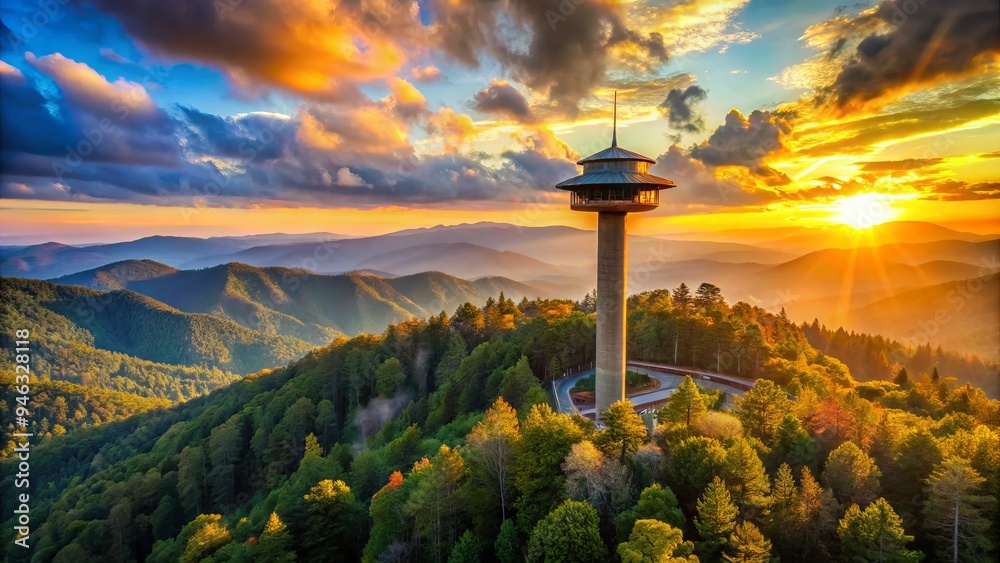 Golden hour illuminates the iconic 400-foot-tall observation tower, a ...