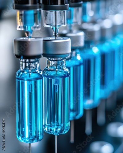 Close-up of blue vaccine vials lined up for vaccination process in a sterile environment, highlighting healthcare and medical innovation.