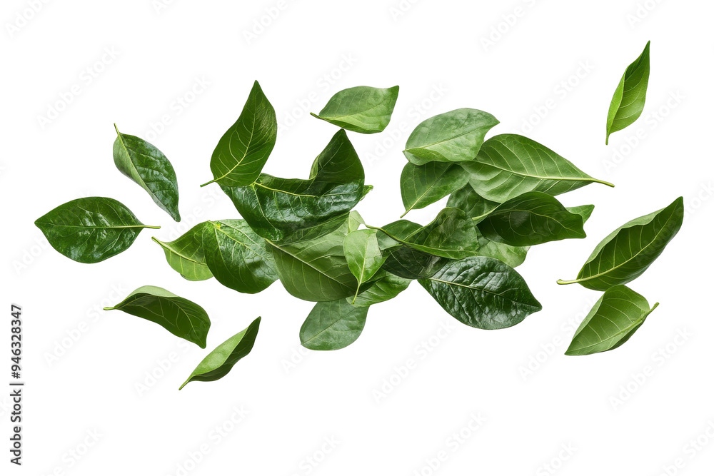 Fototapeta premium Scattered Green Leaves, Isolated green leaves on black background, Natural Elements.