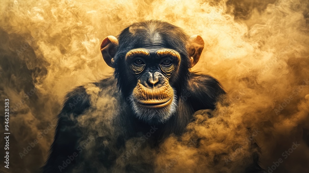 Close-up portrait of a chimpanzee with a smoky background, looking directly at the camera. Close-up portrait of a chimpanzee with a smoky background, looking directly at the camera.