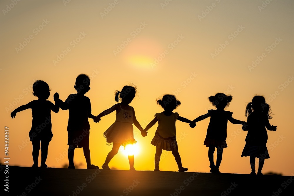 Children silhouette playing at sunset Children silhouette playing at sunset