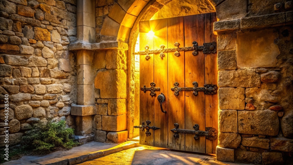 Golden light pours from a worn, rustic wooden door with old-fashioned ...