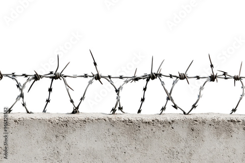 Barbed Wire Barrier, Rusty barbed wire atop a concrete wall, Isolated on black background, Security Concept.