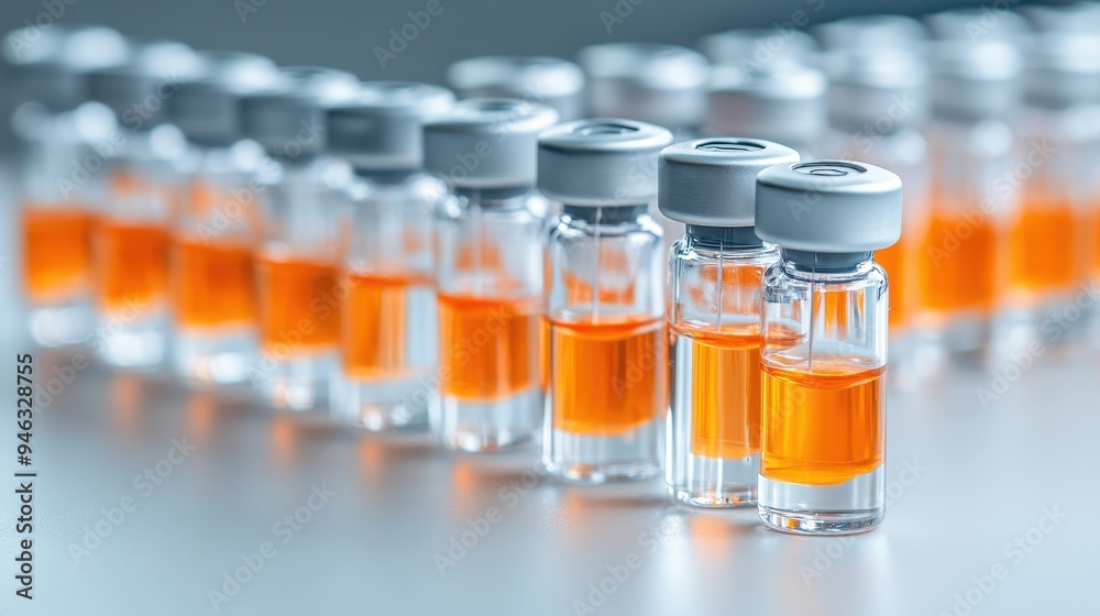 Collection of glass vials with orange liquid, ideal for healthcare, medical, or pharmaceutical concepts. Collection of glass vials with orange liquid, ideal for healthcare, medical, or pharmaceutical concepts.
