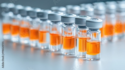 Collection of glass vials with orange liquid, ideal for healthcare, medical, or pharmaceutical concepts.