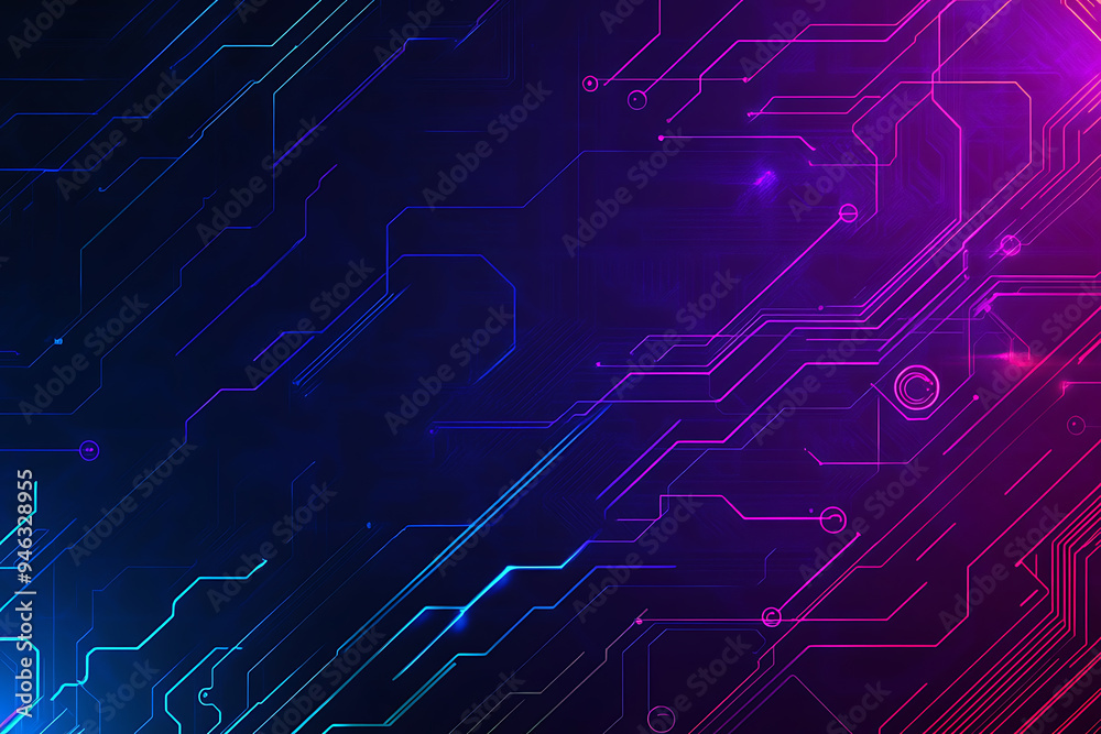 Abstract representation of a circuit board with glowing neon lines and geometric patterns against a dark background. The image evokes a high-tech, futuristic feel with ample copy space Abstract representation of a circuit board with glowing neon lines and geometric patterns against a dark background. The image evokes a high-tech, futuristic feel with ample copy space