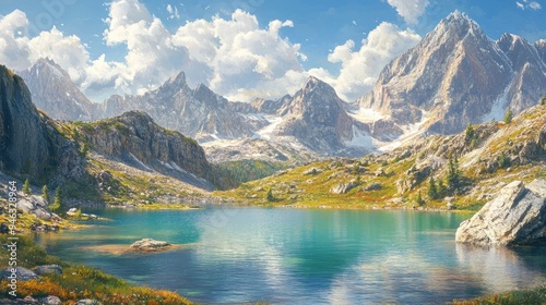 Mountain Lake with a View of a Mountain Range