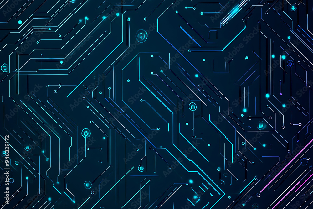 Abstract representation of a circuit board with glowing neon lines and geometric patterns against a dark background. The image evokes a high-tech, futuristic feel with ample copy space Abstract representation of a circuit board with glowing neon lines and geometric patterns against a dark background. The image evokes a high-tech, futuristic feel with ample copy space