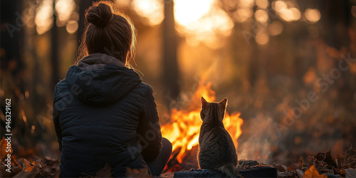 Young woman sitting near the campfire with cat in the forest