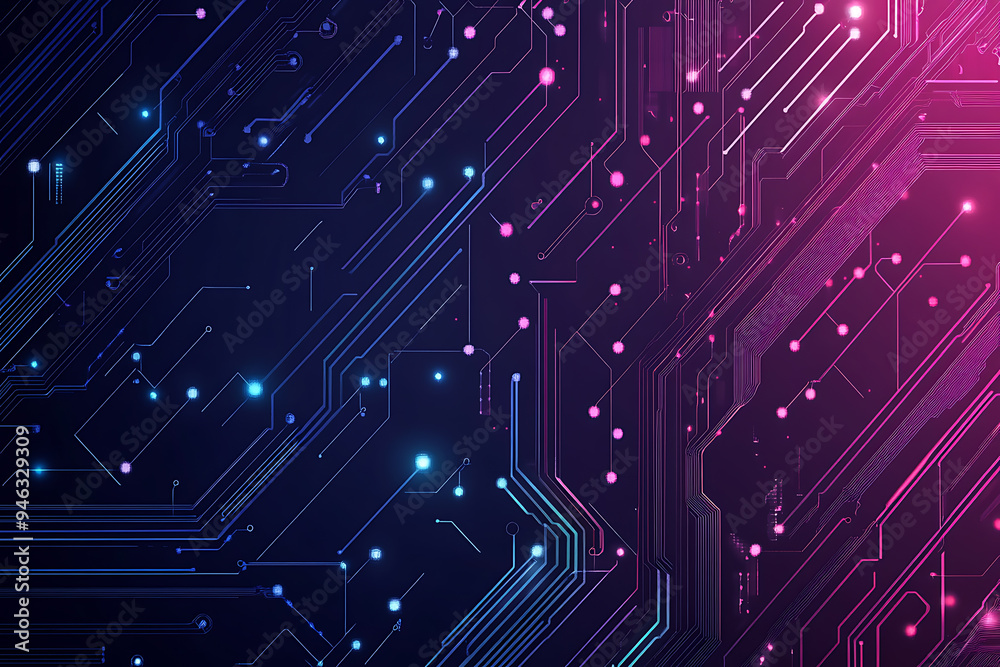 Abstract representation of a circuit board with glowing neon lines and geometric patterns against a dark background. The image evokes a high-tech, futuristic feel with ample copy space Abstract representation of a circuit board with glowing neon lines and geometric patterns against a dark background. The image evokes a high-tech, futuristic feel with ample copy space