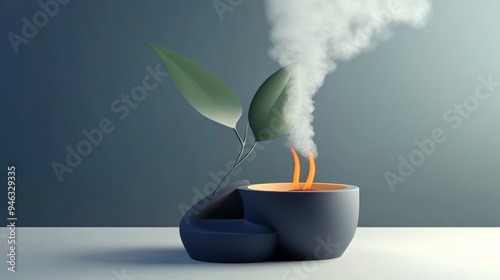 A steaming cup of tea with a plant growing from it, symbolizing growth, renewal, and hope.