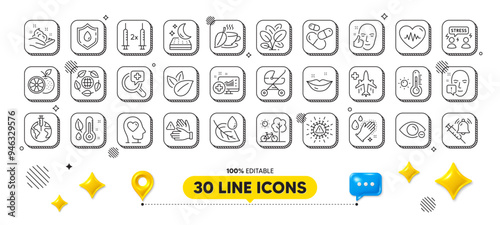 Mattress, Face attention and Medical flight line icons pack. 3d design elements. Orange, Heartbeat, Myopia web icon. Blood donation, Skin care, Spinach pictogram. Vector
