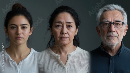 A young woman, middle-aged mother, and elderly man pose closely, highlighting their familial bond against a soft backdrop, emphasizing unity across generations. Generative AI