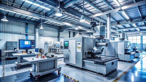 High-precision CNC machining center operates in a modern factory, surrounded by metal sheets and industrial equipment, with robotic arms and computer screens in the background. photo