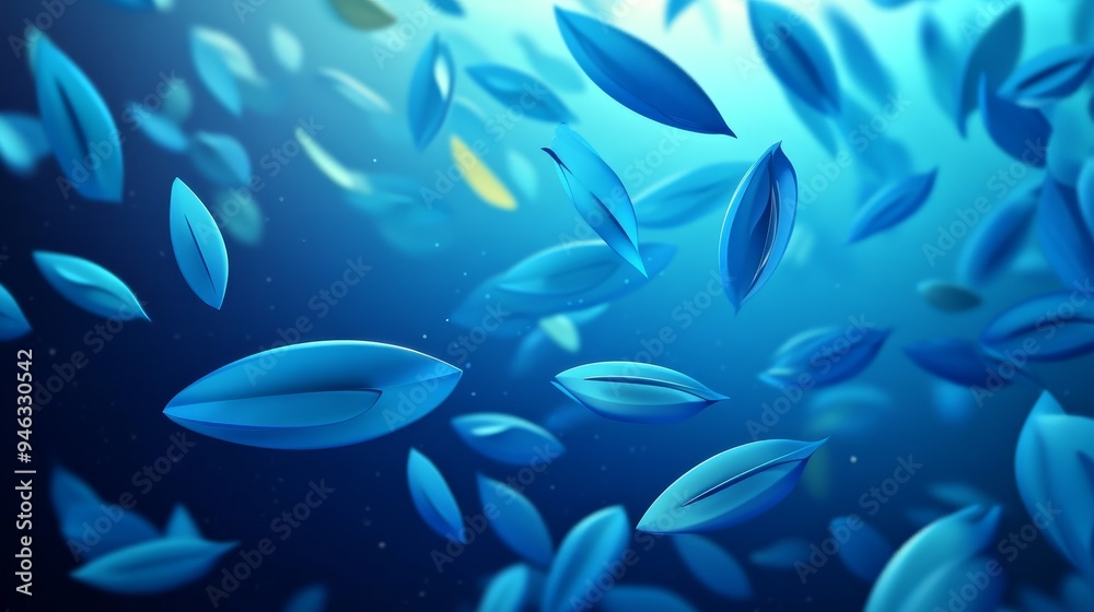 Obraz premium Abstract blue leaves floating in a blue and white light background.