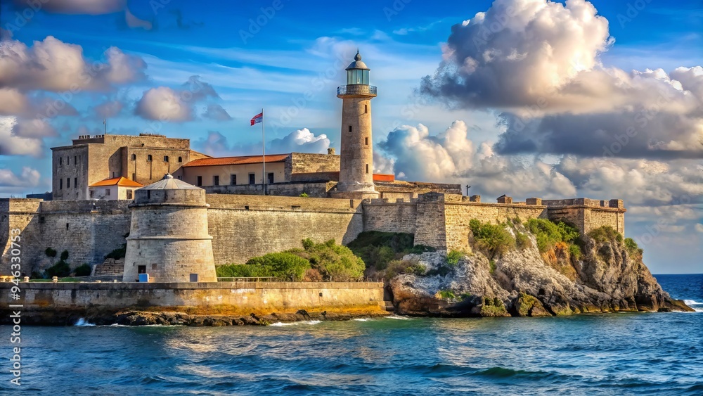 Historic 16th-century Morro Castle fortification stands tall on the Malecón waterfront in Havana, Cuba, with its stone walls and iconic lighthouse overlooking the Caribbean Sea. Historic 16th-century Morro Castle fortification stands tall on the Malecón waterfront in Havana, Cuba, with its stone walls and iconic lighthouse overlooking the Caribbean Sea.