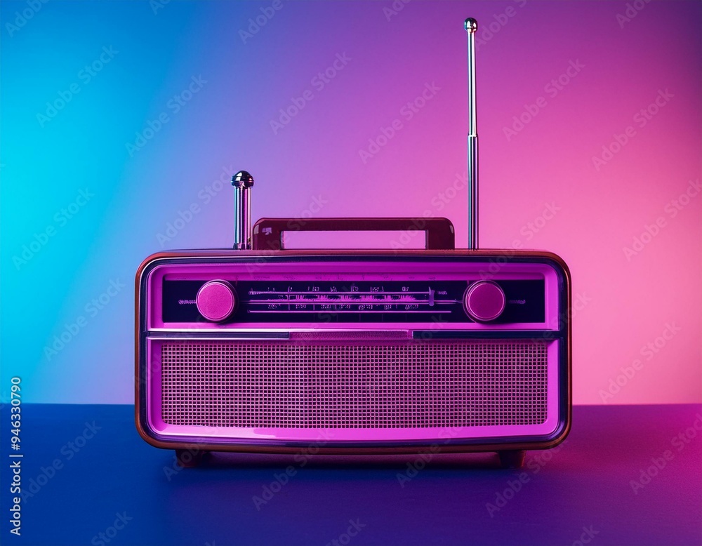 Old radio on background with purple and pink colors vaporwave style, Generative AI Old radio on background with purple and pink colors vaporwave style, Generative AI