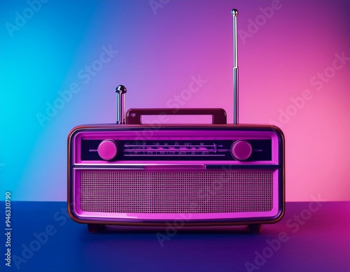 Old radio on background with purple and pink colors vaporwave style, Generative AI