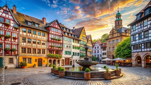 Historic old town architecture in Nuremberg, Germany, featuring colorful half-timbered houses, ornate fountains, and cobblestone streets surrounded by medieval city walls and towers. photo