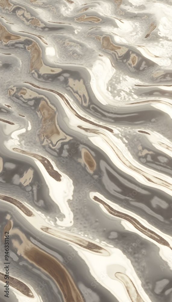 Fototapeta premium Fluid liquid metal texture in shiny silver or gold with wavy patterns, creating a sense of movement. The glossy surface reflects light, adding depth and sophistication, ideal for luxury branding
