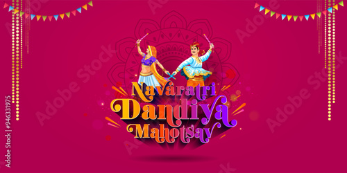 Navratri Dandiya Mahotsav. Couple dance during navratri festival vector illustration. Floral pattern decorative sparkle red background.