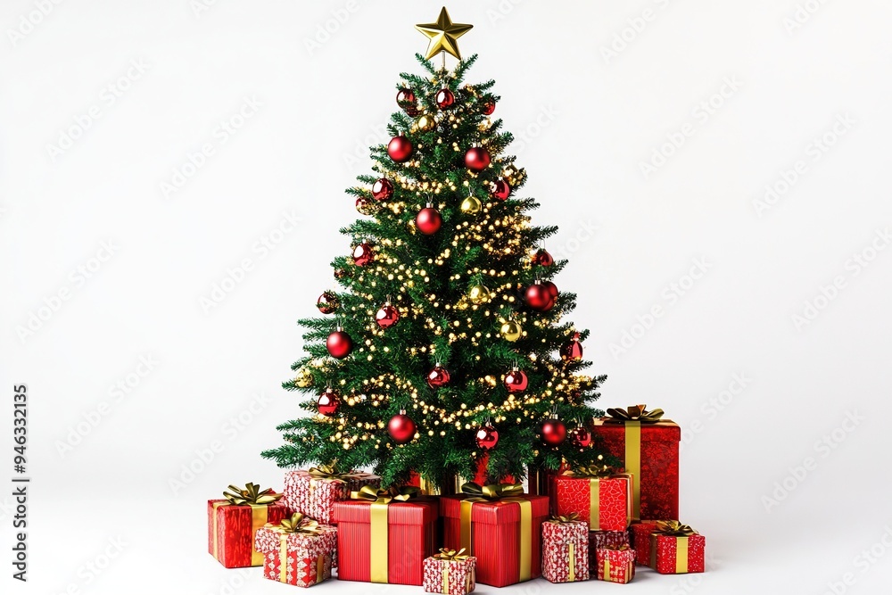 Decorated Christmas tree with presents for new year isolated on white background. Generative Ai Decorated Christmas tree with presents for new year isolated on white background. Generative Ai