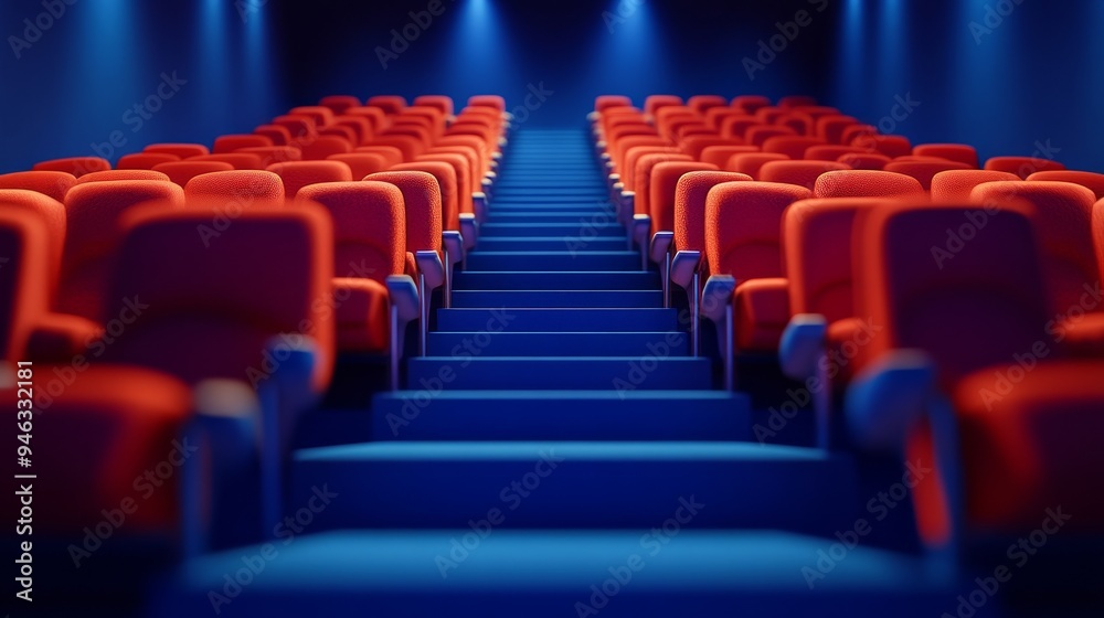 Fototapeta premium Empty movie theater with red seats and blue carpet. Rows of seats leading to the screen.