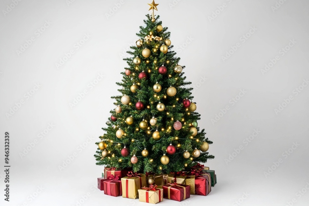 Decorated Christmas tree with presents for new year isolated on white background. Generative Ai Decorated Christmas tree with presents for new year isolated on white background. Generative Ai