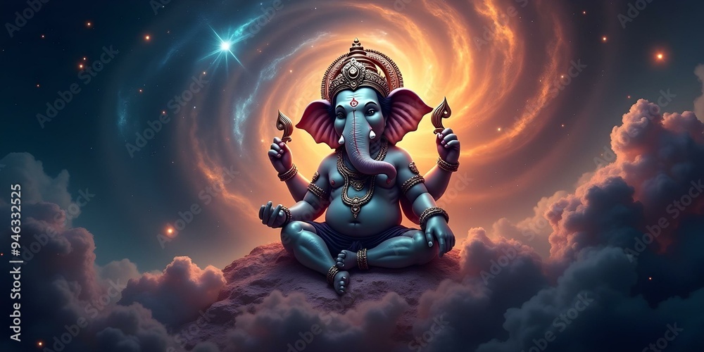 Fototapeta premium Powerful image of Ganesha set against a cosmic background with swirling galaxies, stars, and nebulae, symbolizing infinite power, ideal for spiritual artwork, meditation visuals