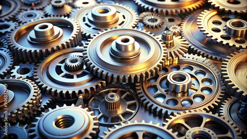 Interconnected metal cogs and gears form a harmonious machinery system, symbolizing efficiency, productivity, and unity, with each piece working together in perfect synchrony.