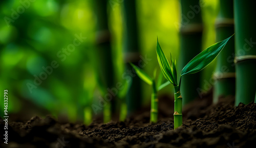 Close-up of bamboo shoots in the ground with bamboo trees visible behind.