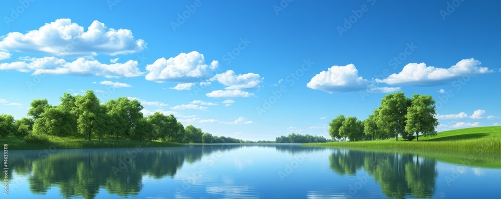 Serene river scene with lush green trees and a clear blue sky.