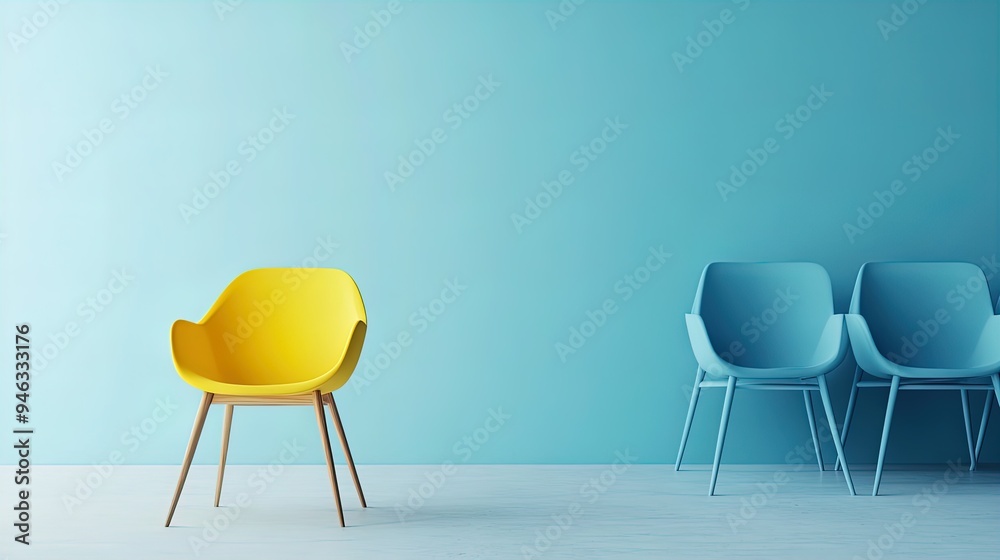 Minimalist Poster Design: A Striking Yellow Chair in a Blue-Themed Room, Showcasing Spatial Balance and Contrast—Perfect for Sports Interiors or Modern Spaces! Minimalist Poster Design: A Striking Yellow Chair in a Blue-Themed Room, Showcasing Spatial Balance and Contrast—Perfect for Sports Interiors or Modern Spaces!