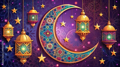 Intricately designed Islamic-inspired vector illustration featuring crescent moon, stars, and lanterns in vibrant colors, perfect for Ramadan celebrations, Eid greetings, and cultural decorations. photo