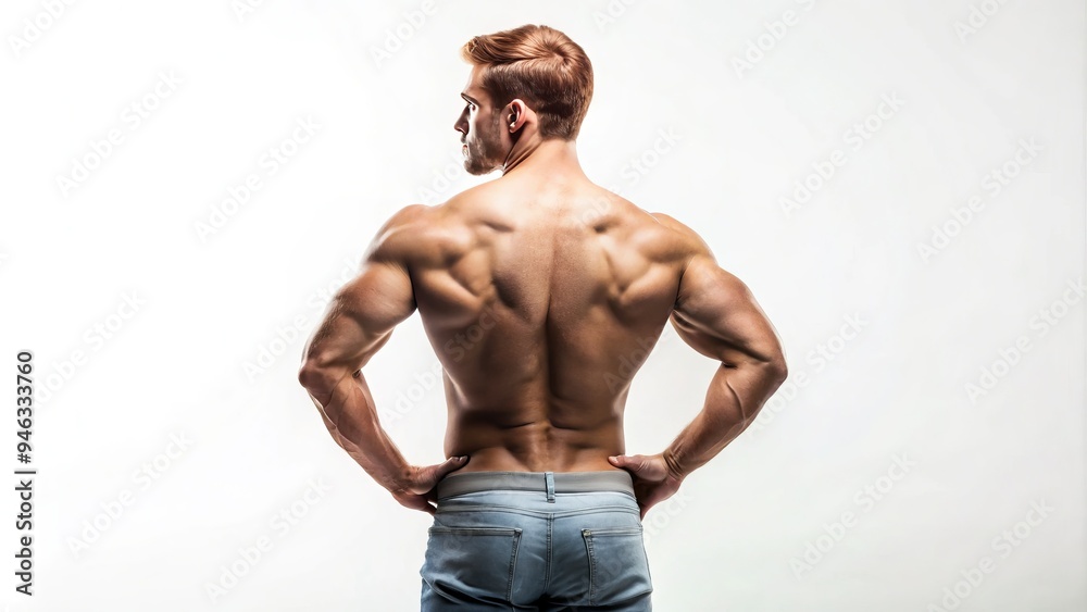 Isolated rear view of a healthy male adult standing against a clean white background, showcasing a strong and confident posture with relaxed shoulders. Isolated rear view of a healthy male adult standing against a clean white background, showcasing a strong and confident posture with relaxed shoulders.