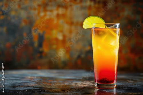 Amaretto Tequila Sunrise with amaretto and lime, served in a tall glass, Italian background, copy space for text