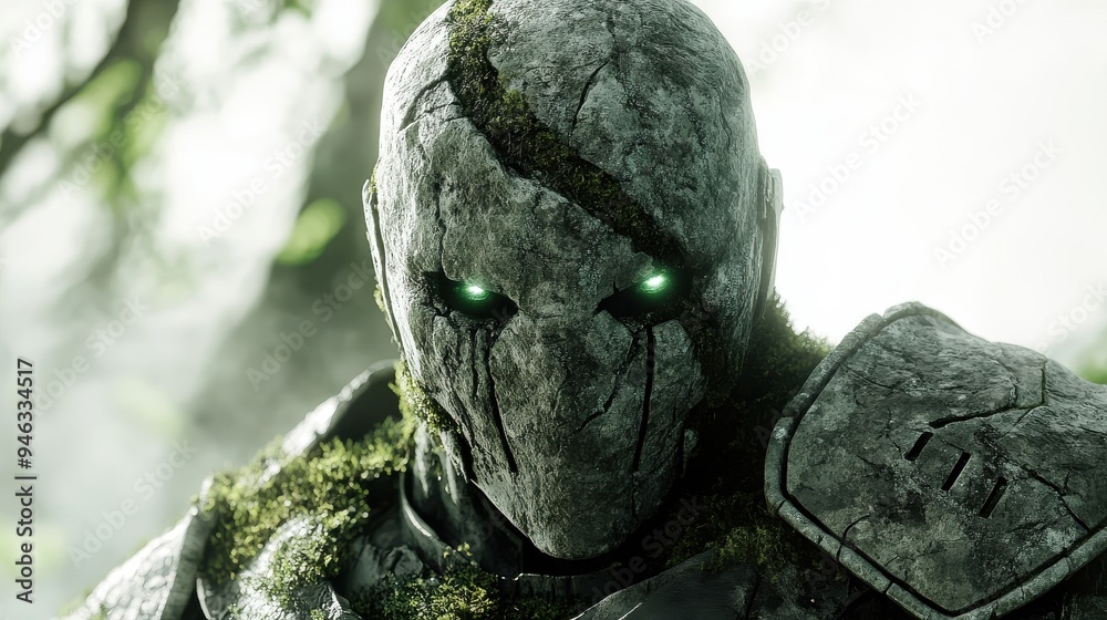 Closeup of an earth knight with stone armor, mosscovered plates, glowing emerald eyes, Closeup of an earth knight with stone armor, mosscovered plates, glowing emerald eyes,