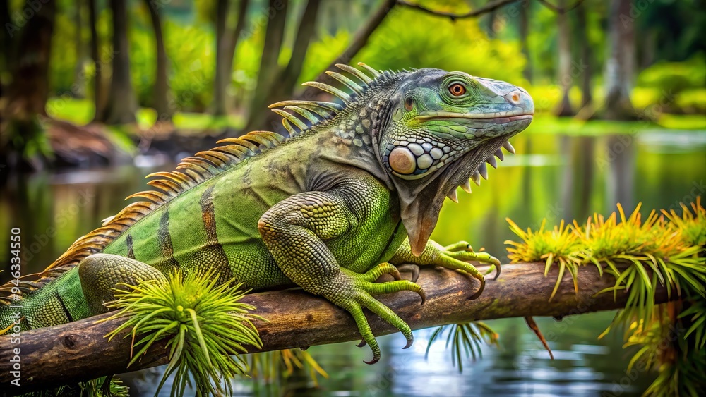 Large green invasive iguana perches on a tree branch in a lush Florida wetland, its scaly body blending into the surrounding foliage with eerie intensity. Large green invasive iguana perches on a tree branch in a lush Florida wetland, its scaly body blending into the surrounding foliage with eerie intensity.