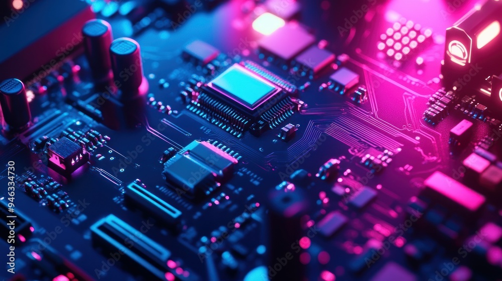 Close-up of a Circuit Board with Blue and Pink Neon Lighting Close-up of a Circuit Board with Blue and Pink Neon Lighting