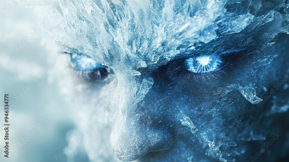 Closeup of an ice elemental with crystalline body, glowing icy eyes, soft diffused lighting, Closeup of an ice elemental with crystalline body, glowing icy eyes, soft diffused lighting,