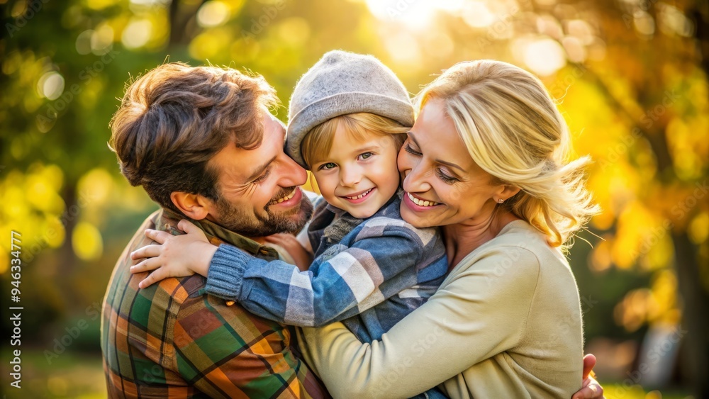 Obraz premium loving adults warmly embracing a smiling young child, conveying unconditional love, comfort, and protection in a soft, natural, and heartwarming outdoor setting.