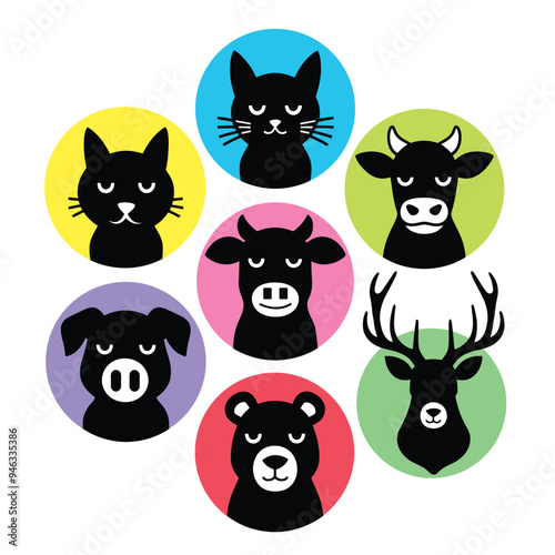  Animal Head Silhouette Vector Set - cat, cow, dog, deer, bear Logo Icons on White Background - Vector Illustration
