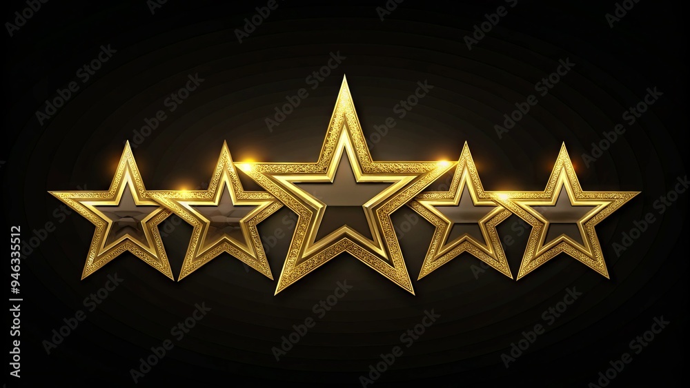Fototapeta premium Luxurious golden five-star symbol with intricate design and shimmering effects, representing exceptional quality, outstanding performance, and superior customer experience in various industries.
